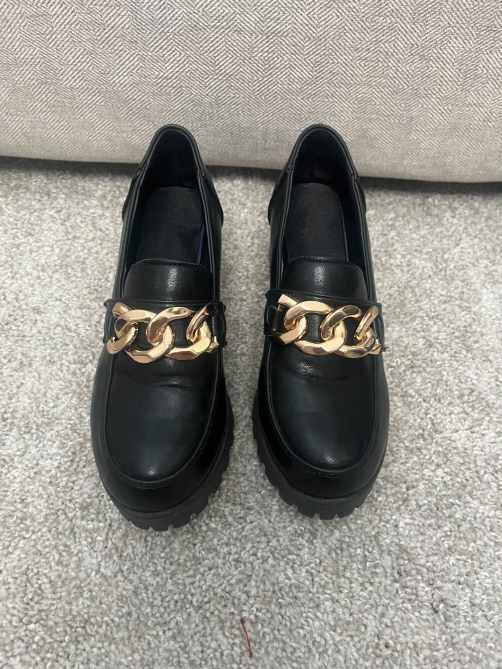 Black Platform Loafers Gold Chain Chunky Lug Sole Y2K Preppy